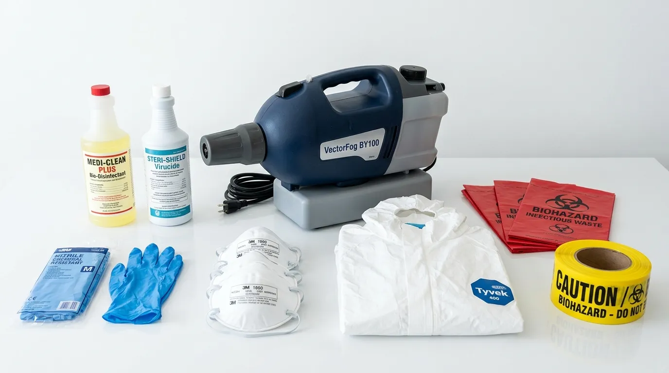 Professional biohazard remediation crew working in Bogota